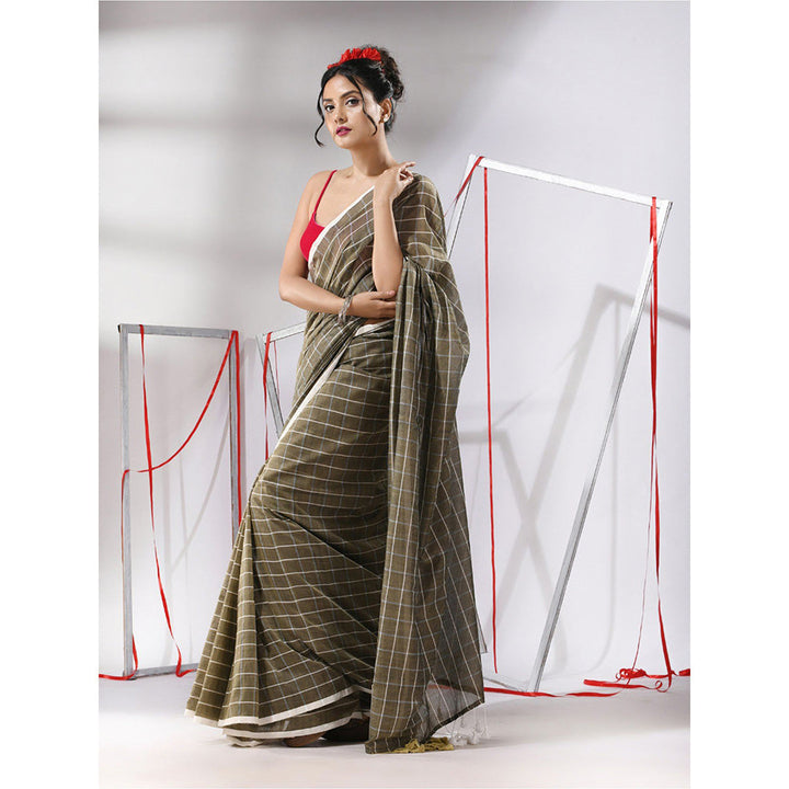 CHARUKRITI Green Cotton Check Designs Saree with Unstitched Blouse