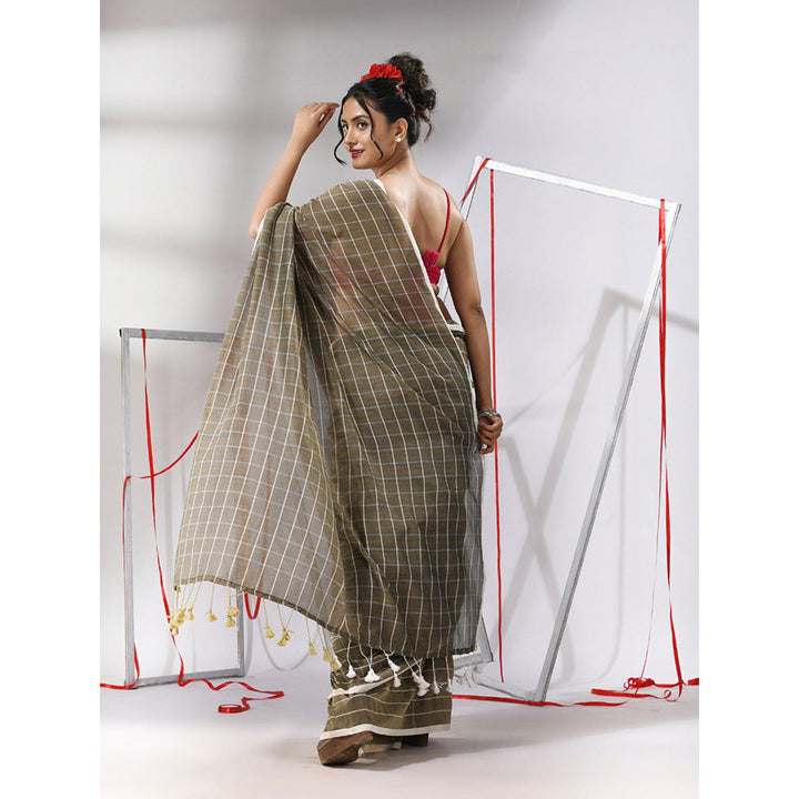 CHARUKRITI Green Cotton Check Designs Saree with Unstitched Blouse