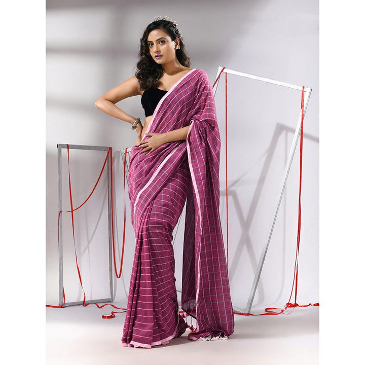 CHARUKRITI Magenta Cotton Check Designs Saree with Unstitched Blouse