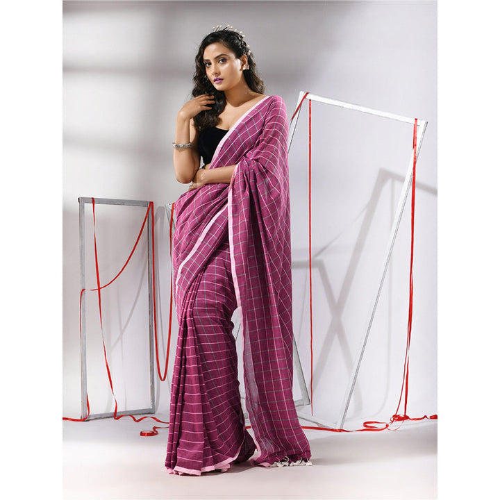 CHARUKRITI Magenta Cotton Check Designs Saree with Unstitched Blouse