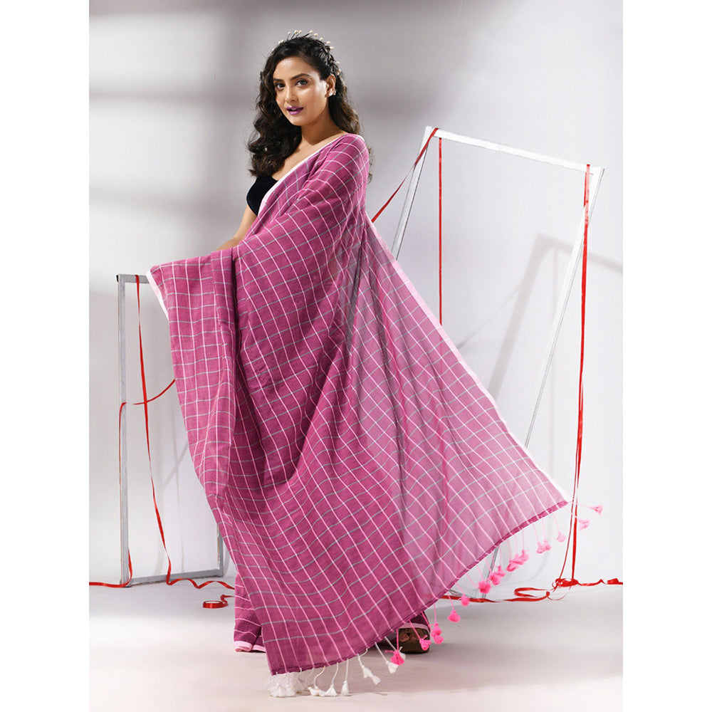 CHARUKRITI Magenta Cotton Check Designs Saree with Unstitched Blouse