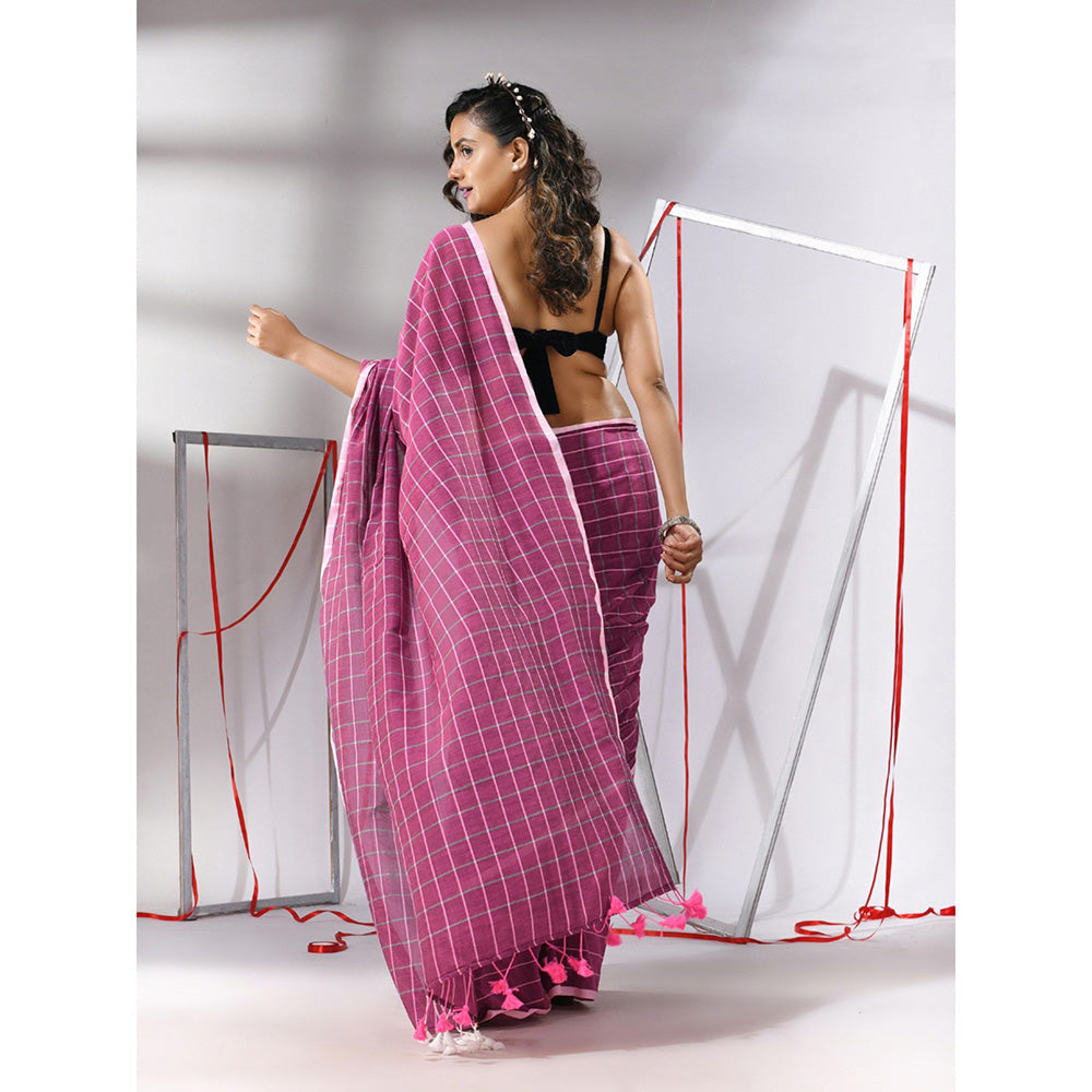 CHARUKRITI Magenta Cotton Check Designs Saree with Unstitched Blouse