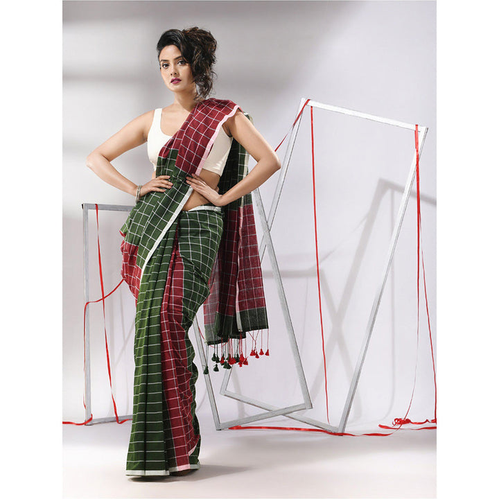 CHARUKRITI Green Cotton Check Designs Saree with Unstitched Blouse