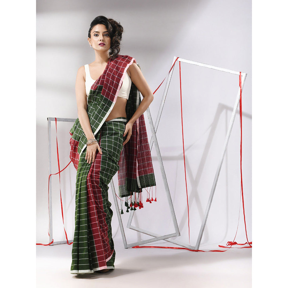 CHARUKRITI Green Cotton Check Designs Saree with Unstitched Blouse