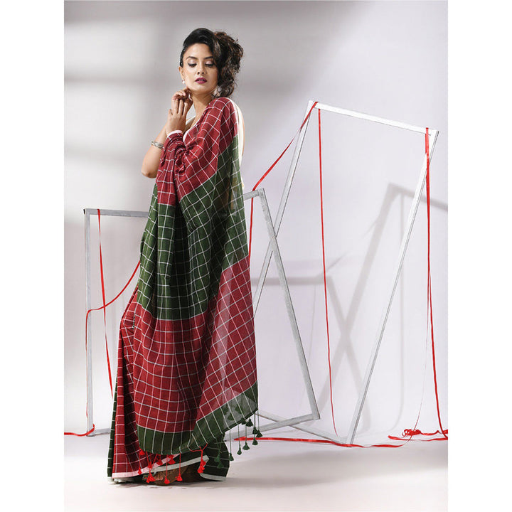 CHARUKRITI Green Cotton Check Designs Saree with Unstitched Blouse