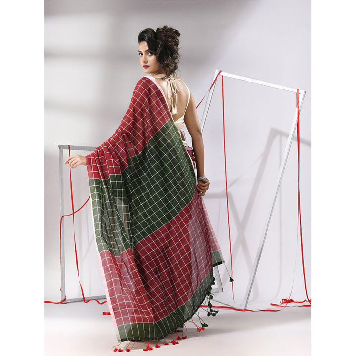 CHARUKRITI Green Cotton Check Designs Saree with Unstitched Blouse