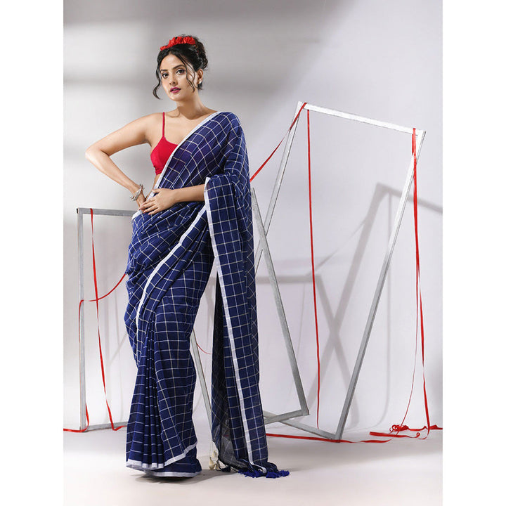 CHARUKRITI Blue Cotton Check Designs Saree with Unstitched Blouse