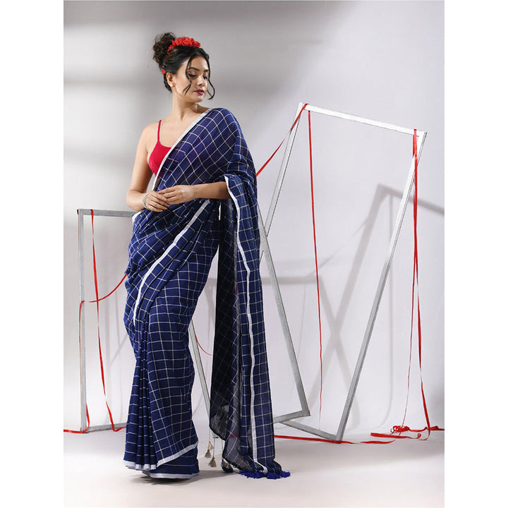 CHARUKRITI Blue Cotton Check Designs Saree with Unstitched Blouse