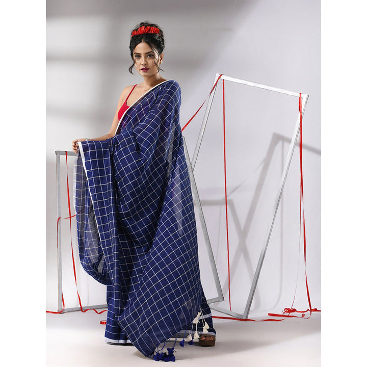 CHARUKRITI Blue Cotton Check Designs Saree with Unstitched Blouse