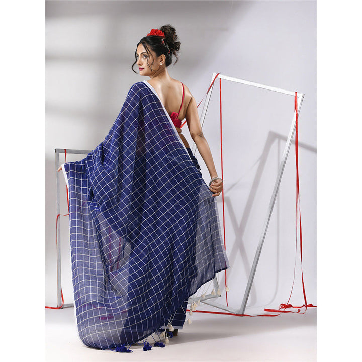 CHARUKRITI Blue Cotton Check Designs Saree with Unstitched Blouse