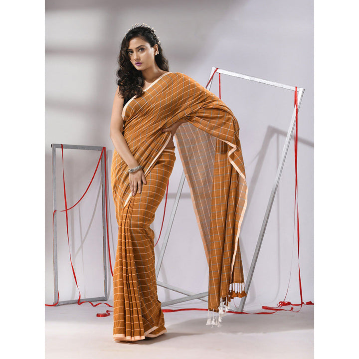 CHARUKRITI Goldenrod Mustard Cotton Check Designs Saree with Unstitched Blouse