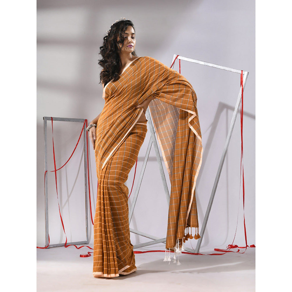 CHARUKRITI Goldenrod Mustard Cotton Check Designs Saree with Unstitched Blouse