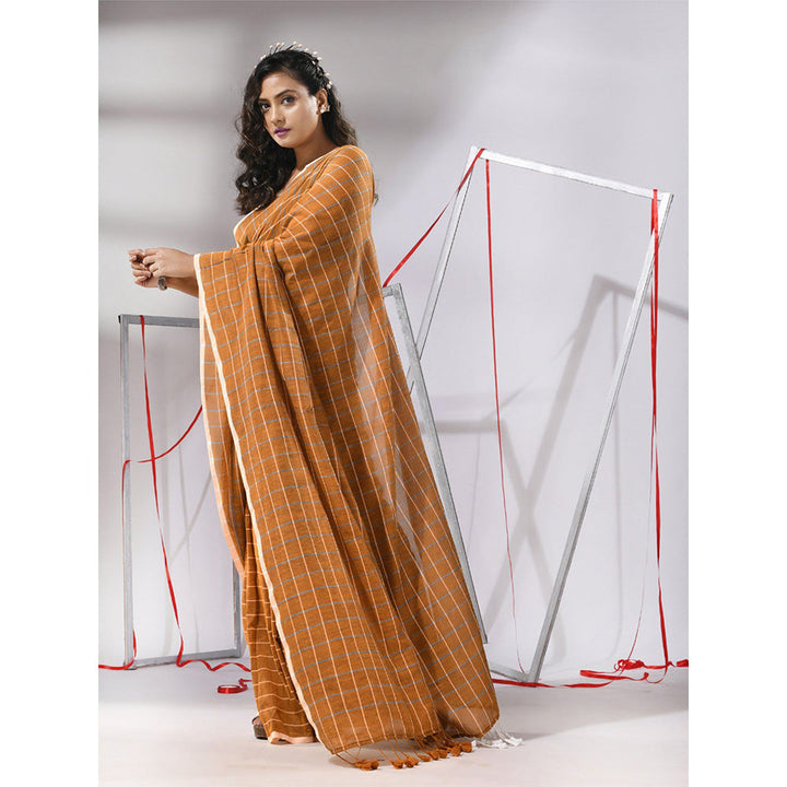 CHARUKRITI Goldenrod Mustard Cotton Check Designs Saree with Unstitched Blouse