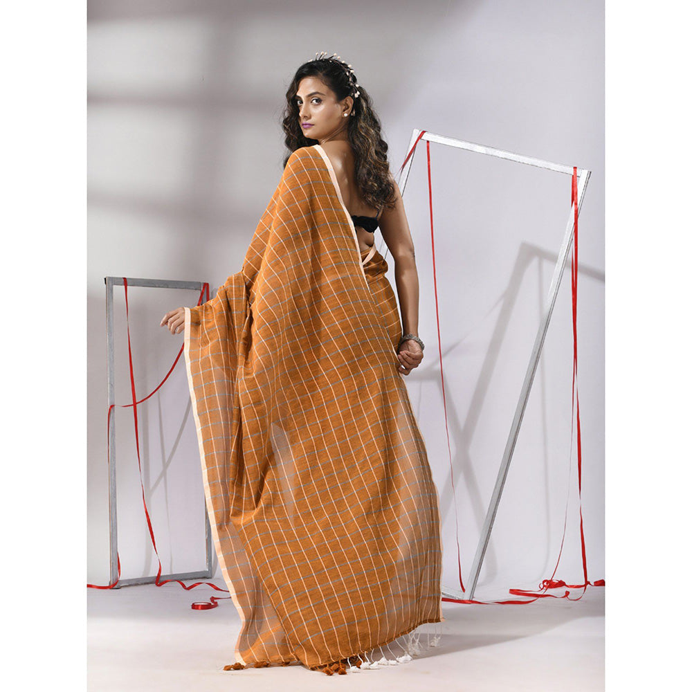 CHARUKRITI Goldenrod Mustard Cotton Check Designs Saree with Unstitched Blouse