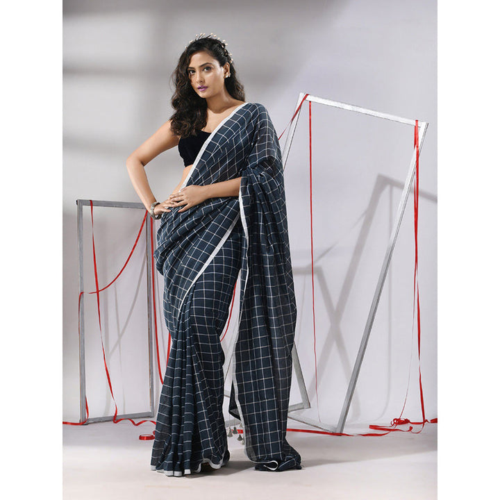 CHARUKRITI Slate Blue Cotton Check Designs Saree with Unstitched Blouse