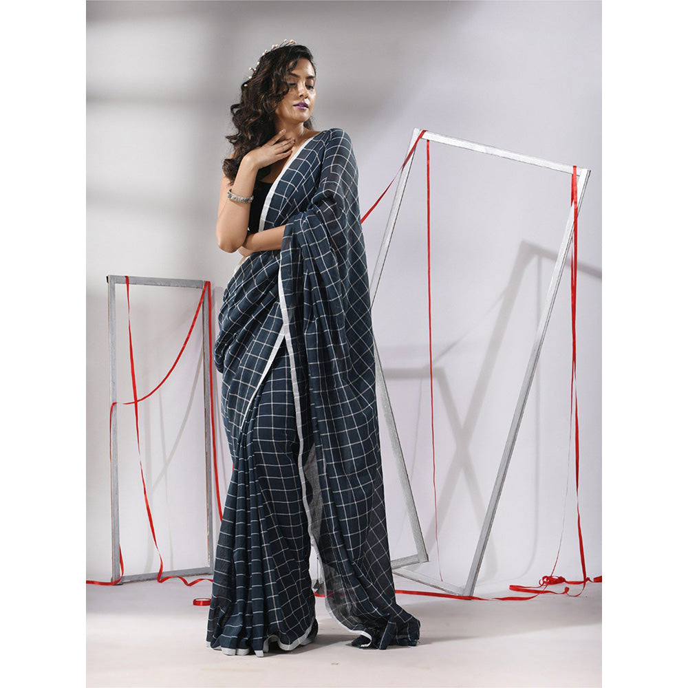 CHARUKRITI Slate Blue Cotton Check Designs Saree with Unstitched Blouse