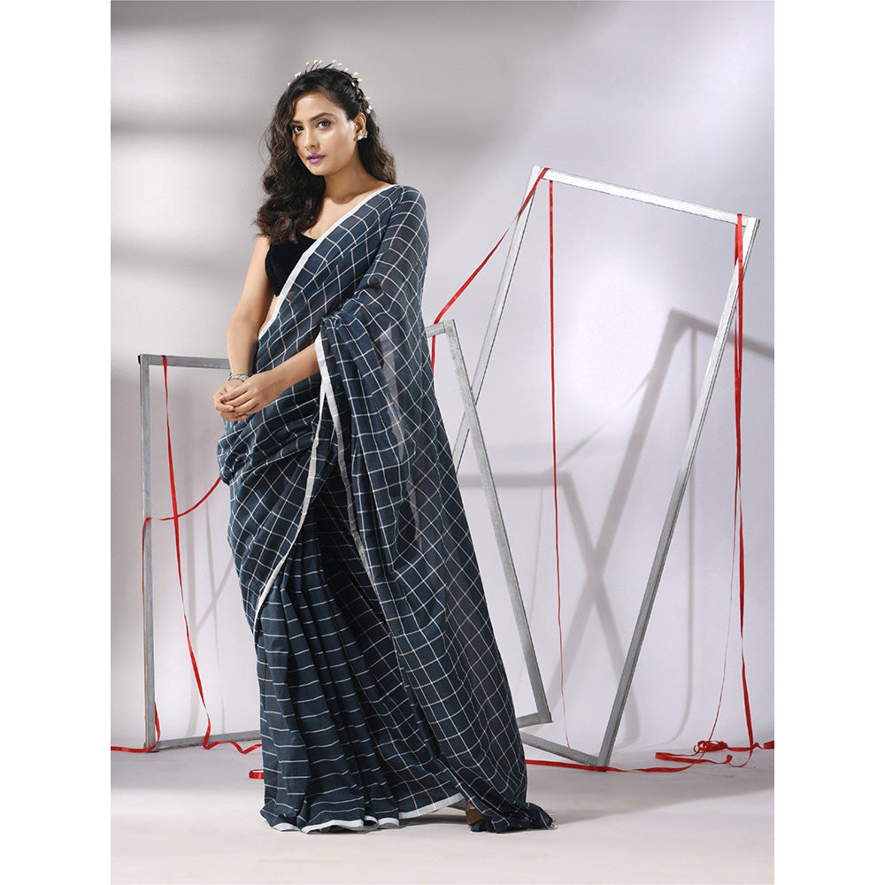 CHARUKRITI Slate Blue Cotton Check Designs Saree with Unstitched Blouse