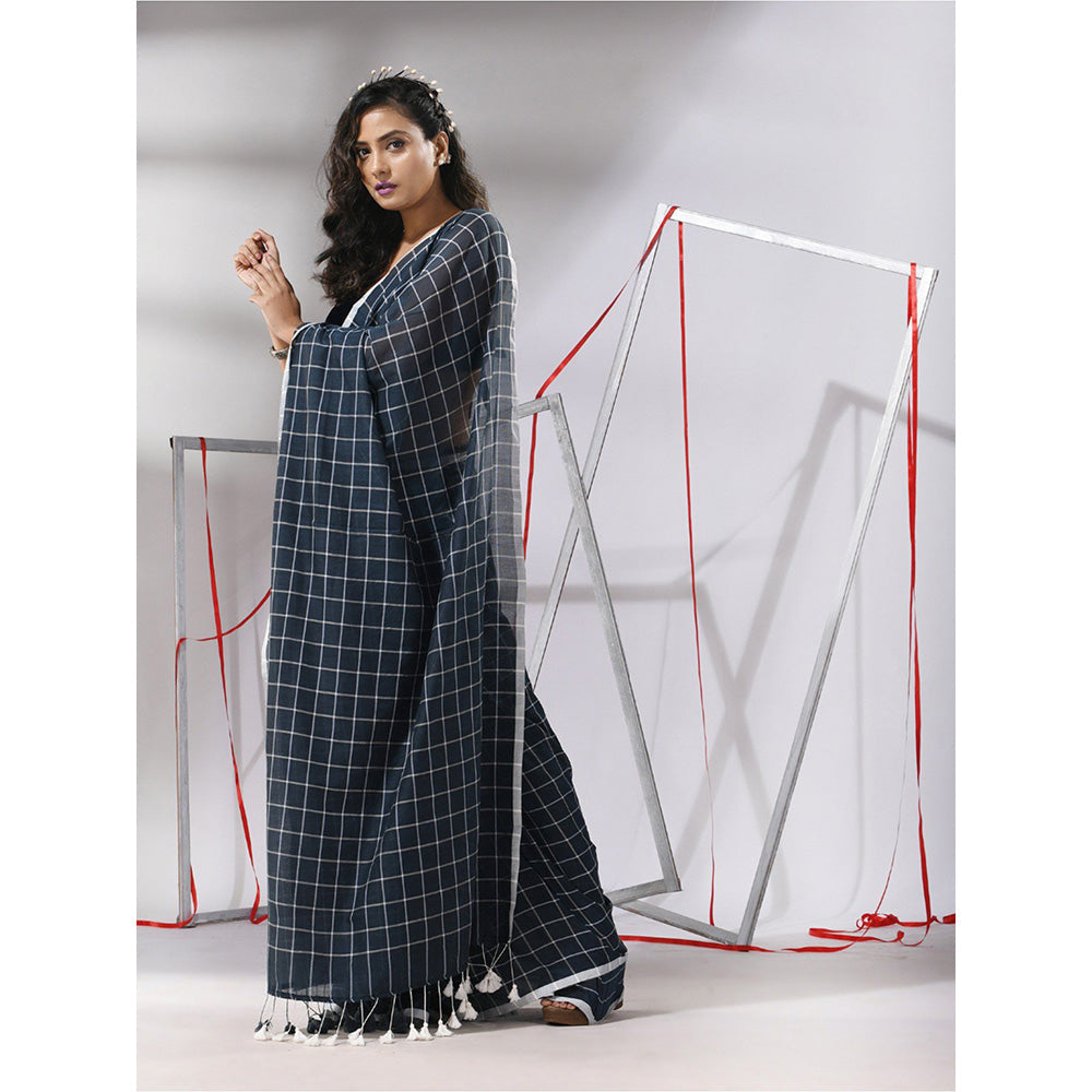 CHARUKRITI Slate Blue Cotton Check Designs Saree with Unstitched Blouse