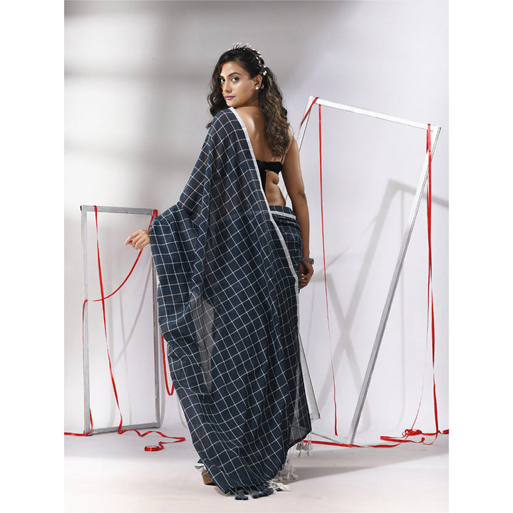 CHARUKRITI Slate Blue Cotton Check Designs Saree with Unstitched Blouse