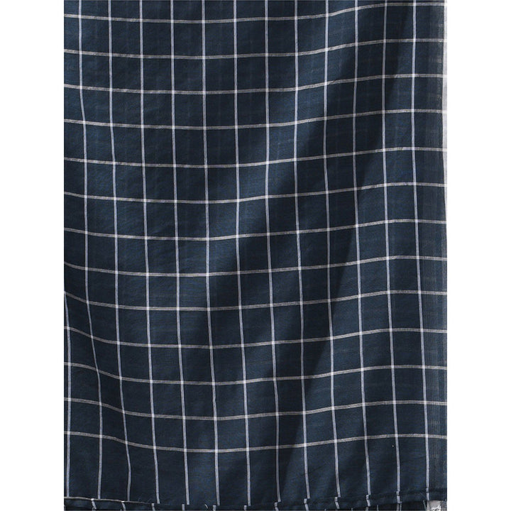 CHARUKRITI Slate Blue Cotton Check Designs Saree with Unstitched Blouse