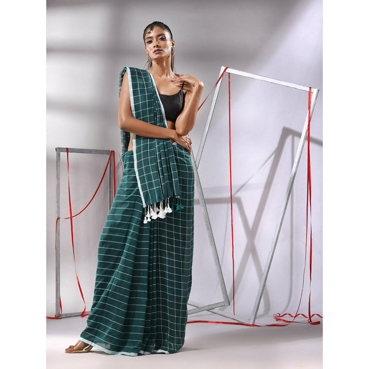 CHARUKRITI Teal Green Cotton Check Designs Saree with Unstitched Blouse