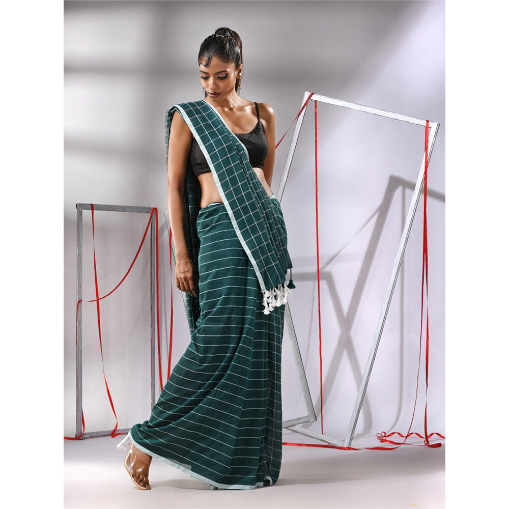 CHARUKRITI Teal Green Cotton Check Designs Saree with Unstitched Blouse