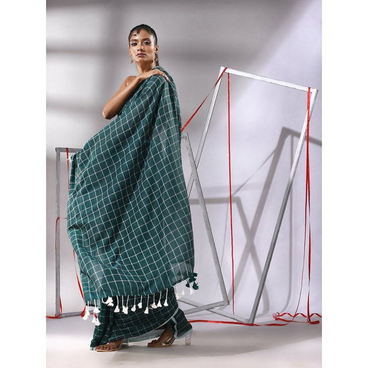 CHARUKRITI Teal Green Cotton Check Designs Saree with Unstitched Blouse