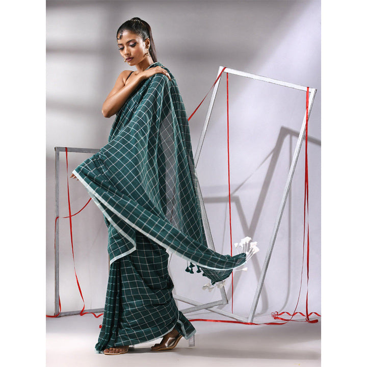 CHARUKRITI Teal Green Cotton Check Designs Saree with Unstitched Blouse