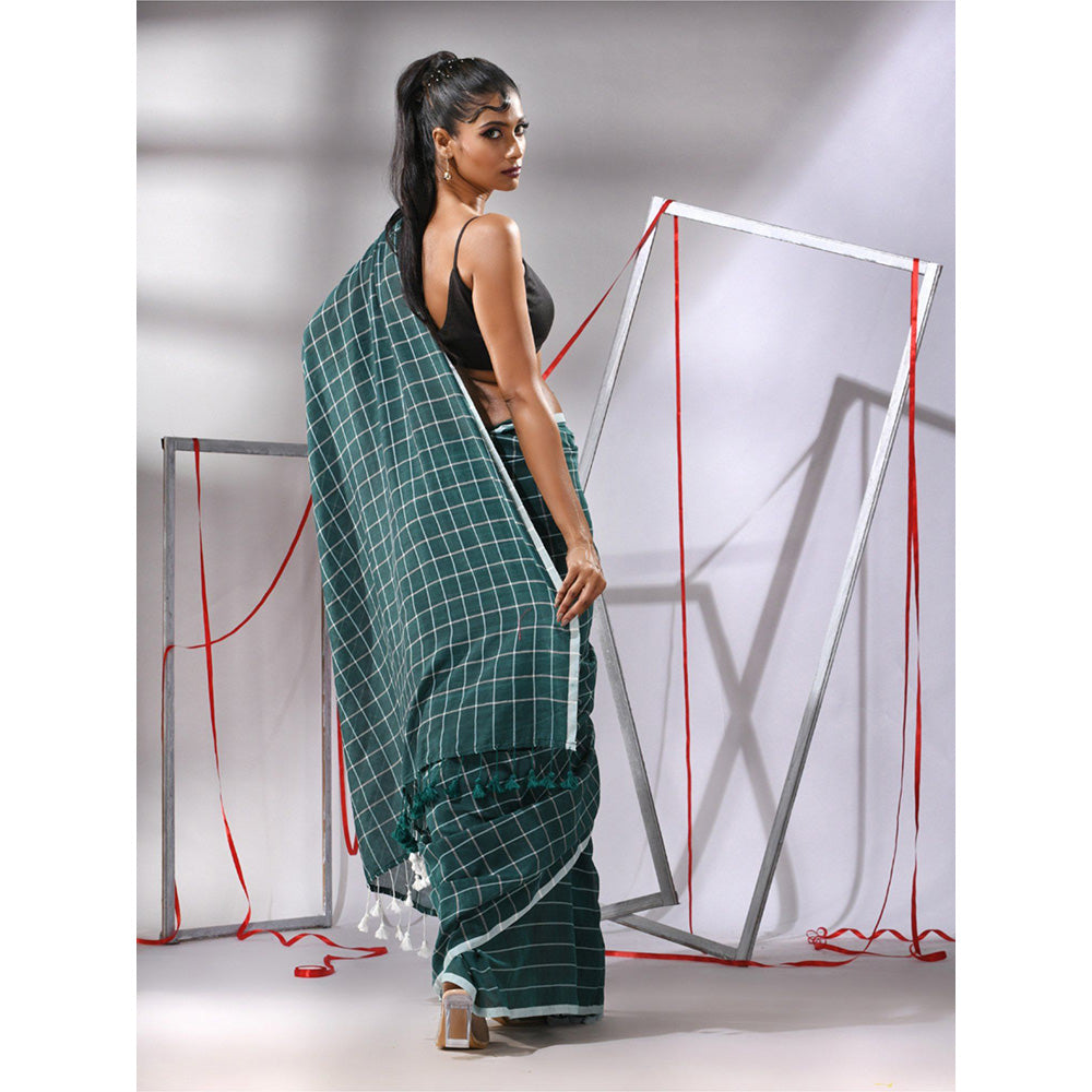 CHARUKRITI Teal Green Cotton Check Designs Saree with Unstitched Blouse