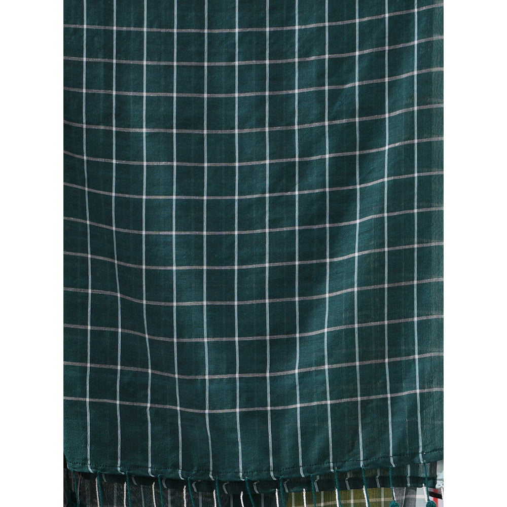 CHARUKRITI Teal Green Cotton Check Designs Saree with Unstitched Blouse