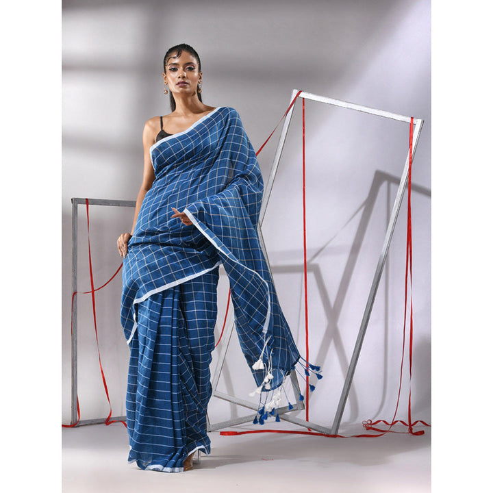 CHARUKRITI Sapphire Blue Cotton Check Designs Saree with Unstitched Blouse