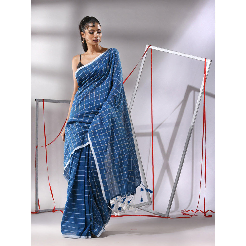 CHARUKRITI Sapphire Blue Cotton Check Designs Saree with Unstitched Blouse