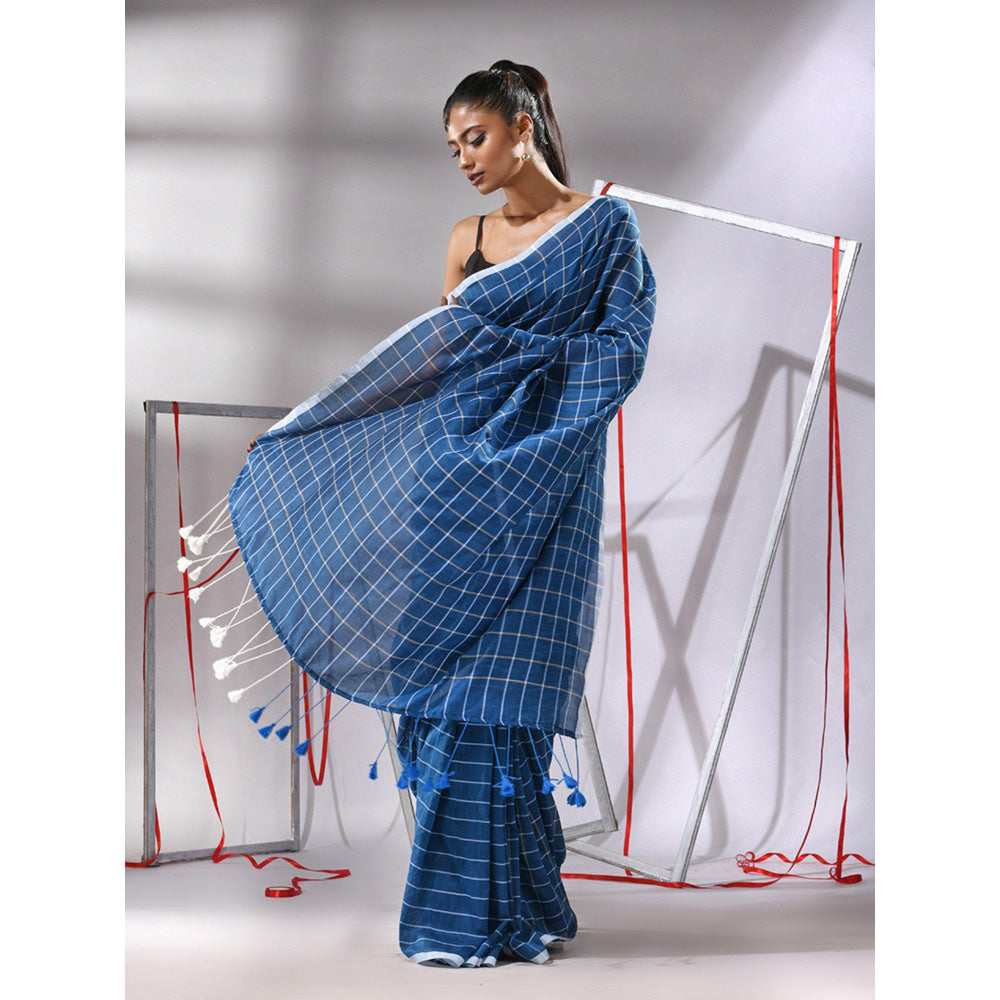 CHARUKRITI Sapphire Blue Cotton Check Designs Saree with Unstitched Blouse