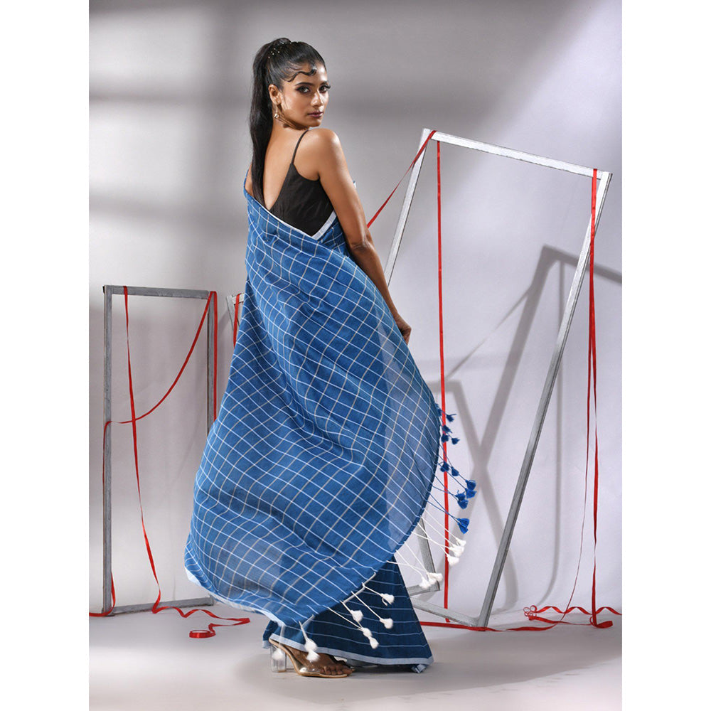 CHARUKRITI Sapphire Blue Cotton Check Designs Saree with Unstitched Blouse