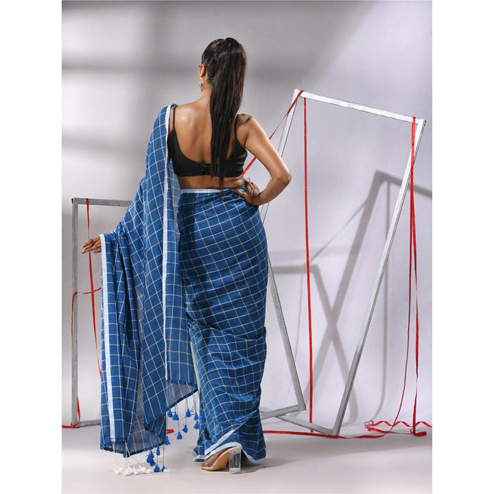 CHARUKRITI Sapphire Blue Cotton Check Designs Saree with Unstitched Blouse