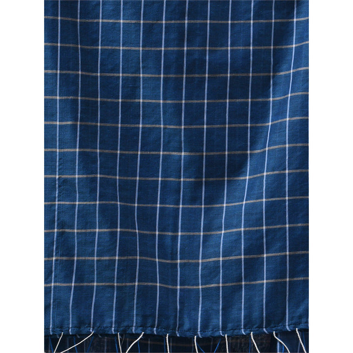 CHARUKRITI Sapphire Blue Cotton Check Designs Saree with Unstitched Blouse