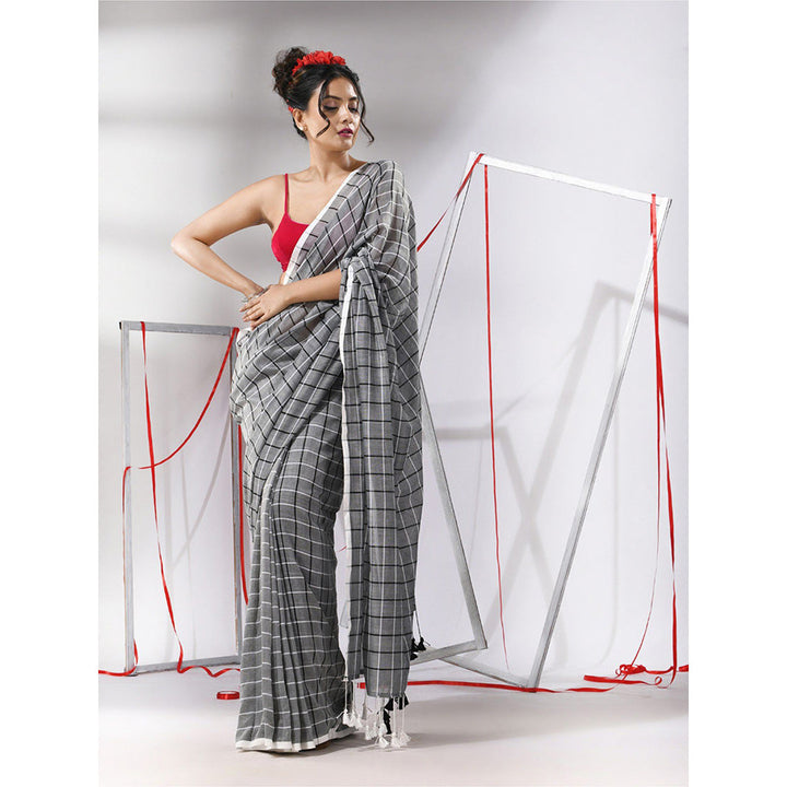 CHARUKRITI Grey Cotton Check Designs Saree with Unstitched Blouse