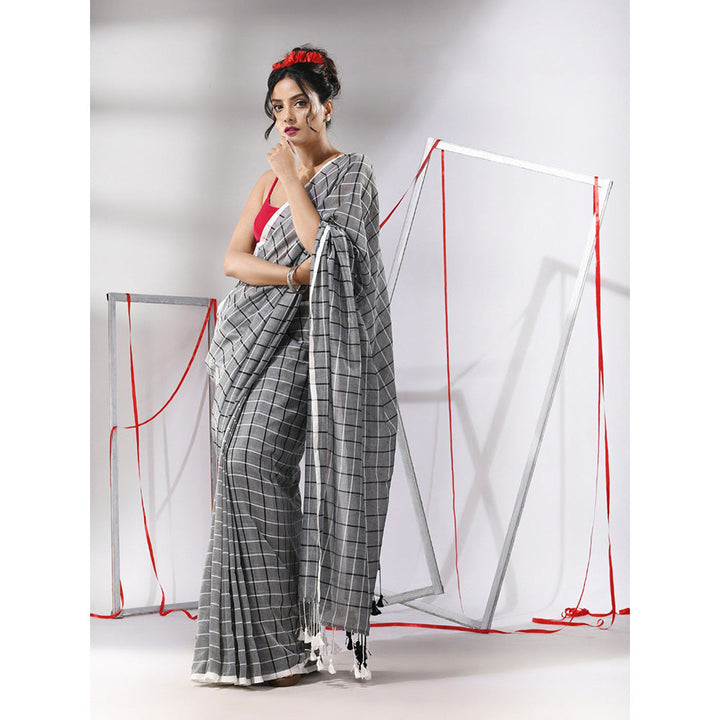 CHARUKRITI Grey Cotton Check Designs Saree with Unstitched Blouse