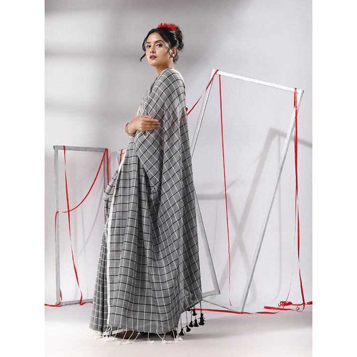 CHARUKRITI Grey Cotton Check Designs Saree with Unstitched Blouse