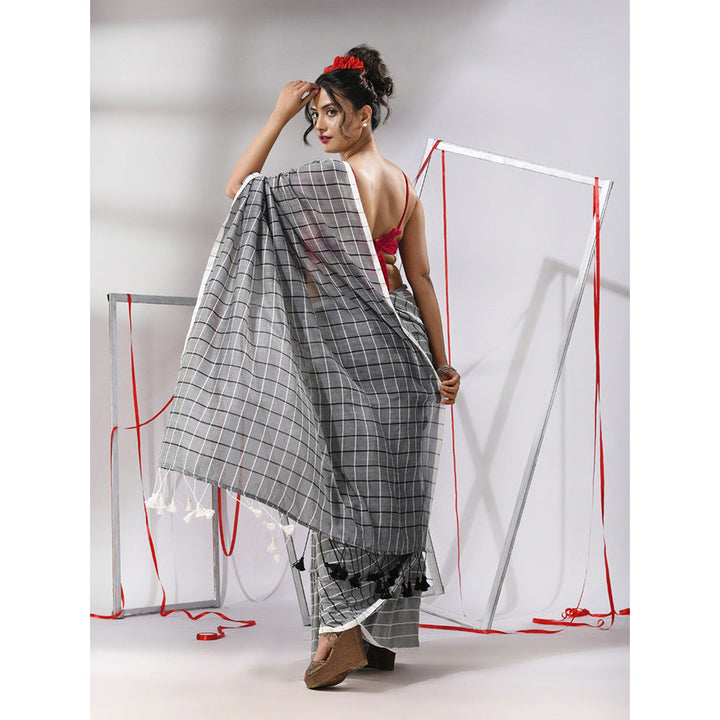 CHARUKRITI Grey Cotton Check Designs Saree with Unstitched Blouse