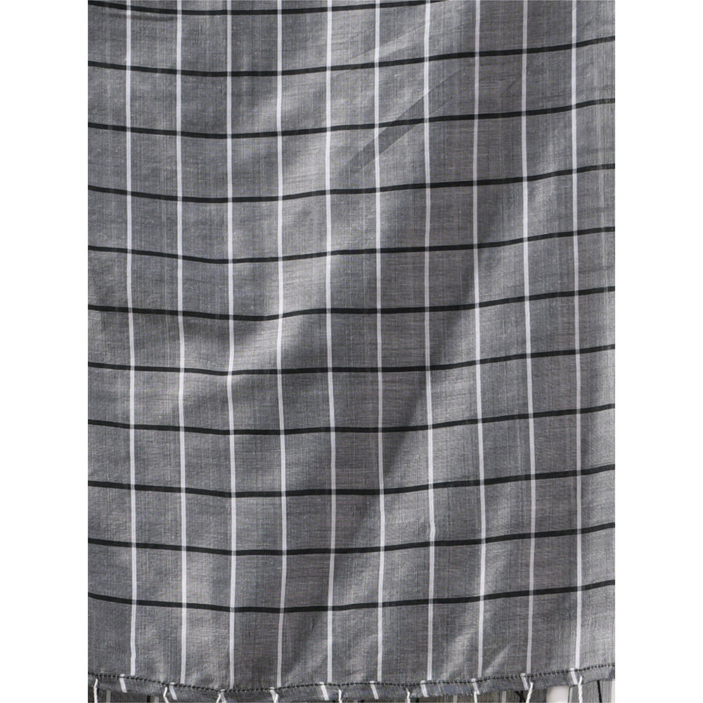 CHARUKRITI Grey Cotton Check Designs Saree with Unstitched Blouse