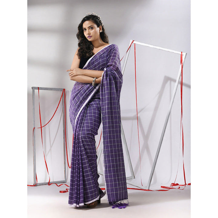 CHARUKRITI Purple Cotton Check Designs Saree with Unstitched Blouse