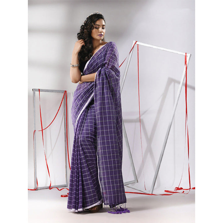 CHARUKRITI Purple Cotton Check Designs Saree with Unstitched Blouse