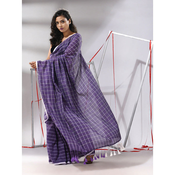 CHARUKRITI Purple Cotton Check Designs Saree with Unstitched Blouse