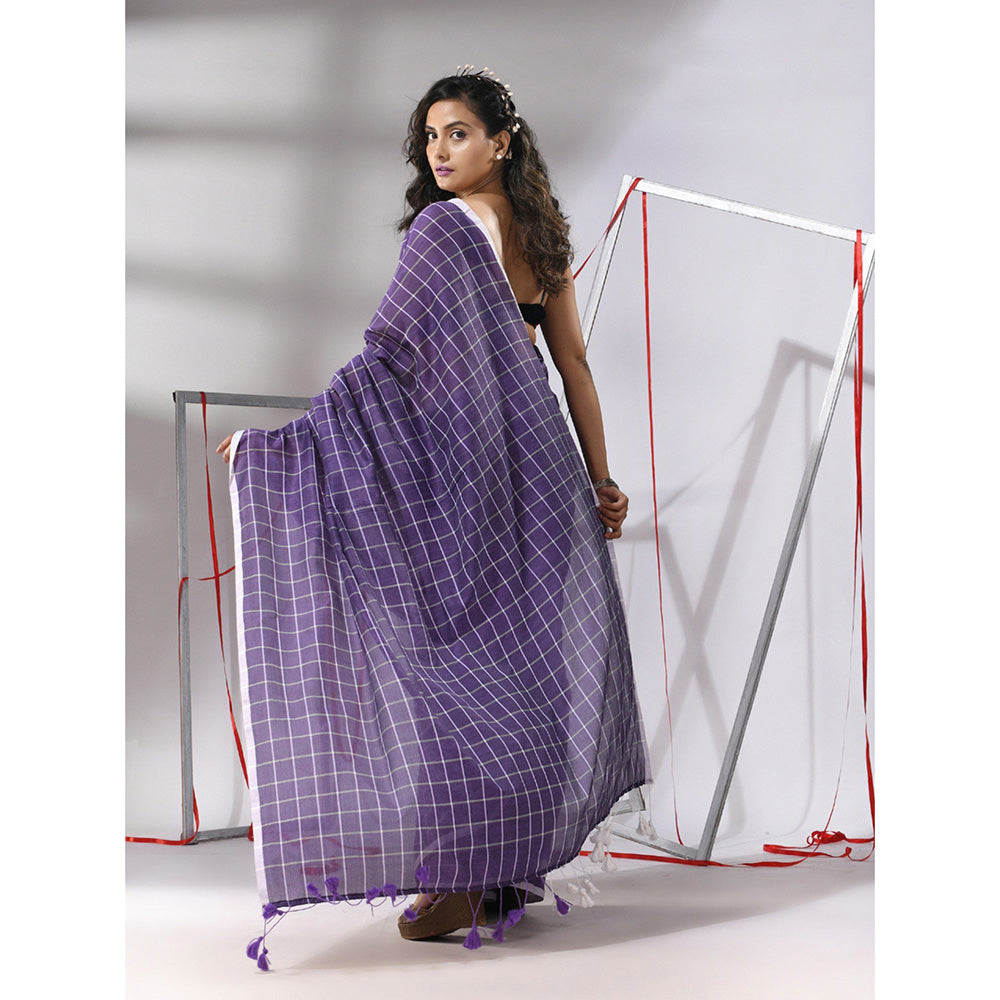 CHARUKRITI Purple Cotton Check Designs Saree with Unstitched Blouse