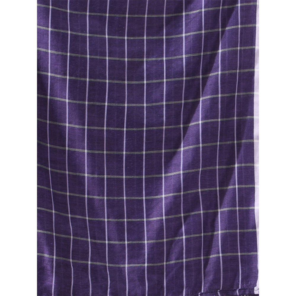 CHARUKRITI Purple Cotton Check Designs Saree with Unstitched Blouse