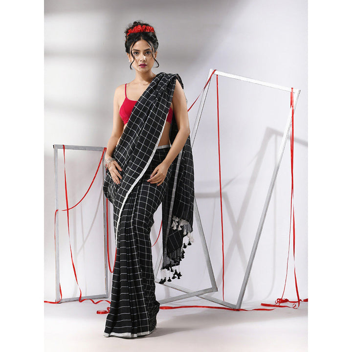 CHARUKRITI Black Cotton Check Designs Saree with Unstitched Blouse