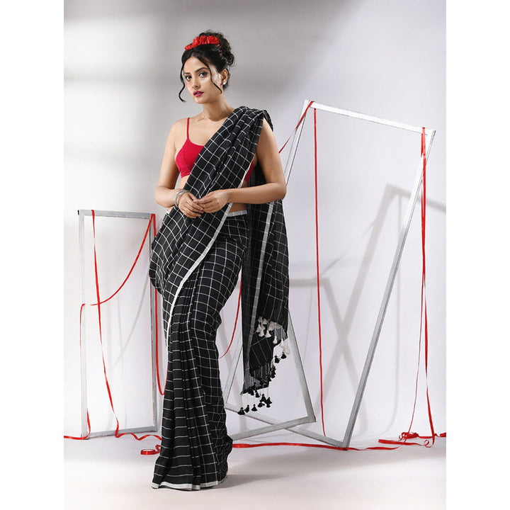 CHARUKRITI Black Cotton Check Designs Saree with Unstitched Blouse