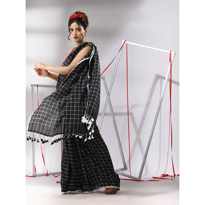 CHARUKRITI Black Cotton Check Designs Saree with Unstitched Blouse