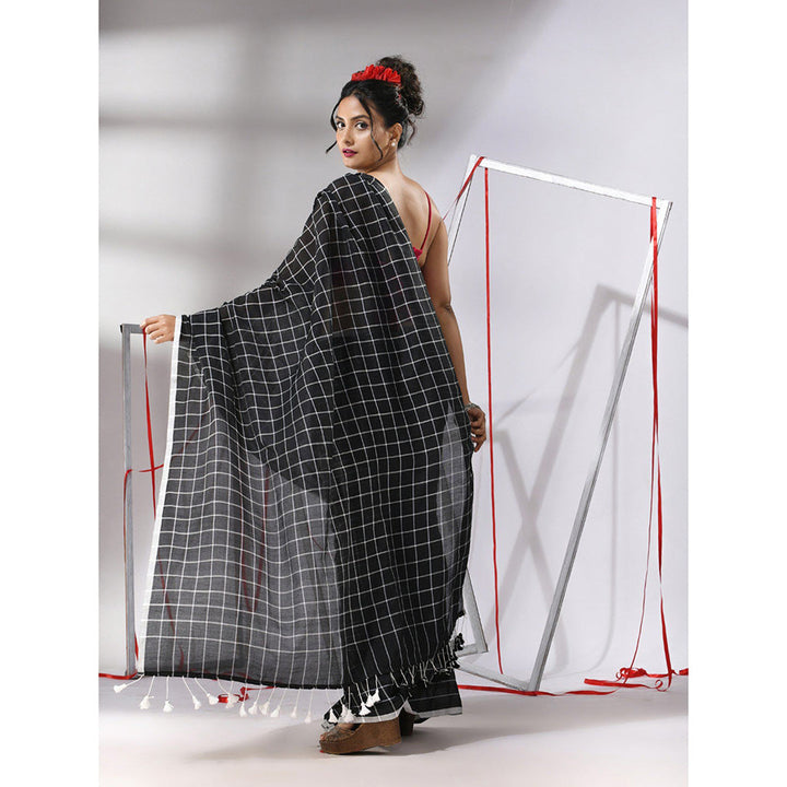 CHARUKRITI Black Cotton Check Designs Saree with Unstitched Blouse